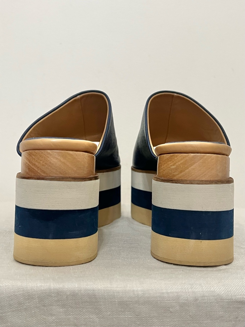 Paloma Barcelo Navy and Tan Striped Platform Slide Sandals - Picture 7 of 12